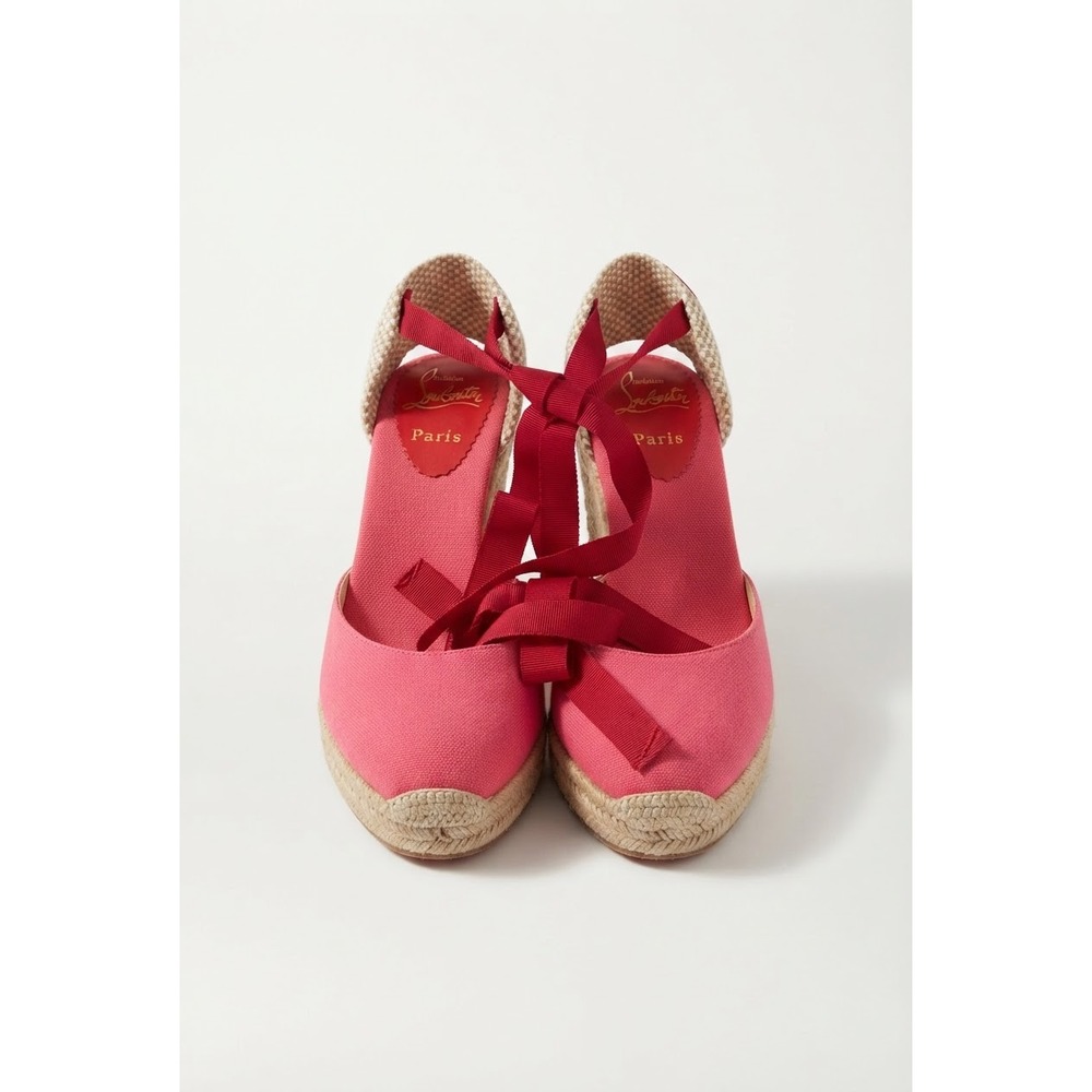Christian Louboutin Pink Canvas Espadrille Wedge Sandals Lace Up Red Sole 39
